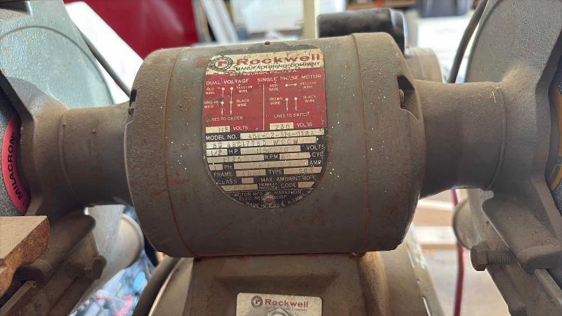 Photo 1 of ROCKWELL 1/2 HP TWO WHEEL GRINDER WITH METAL STAND AND AN AIR COMPRESSOR MOTORIZED 