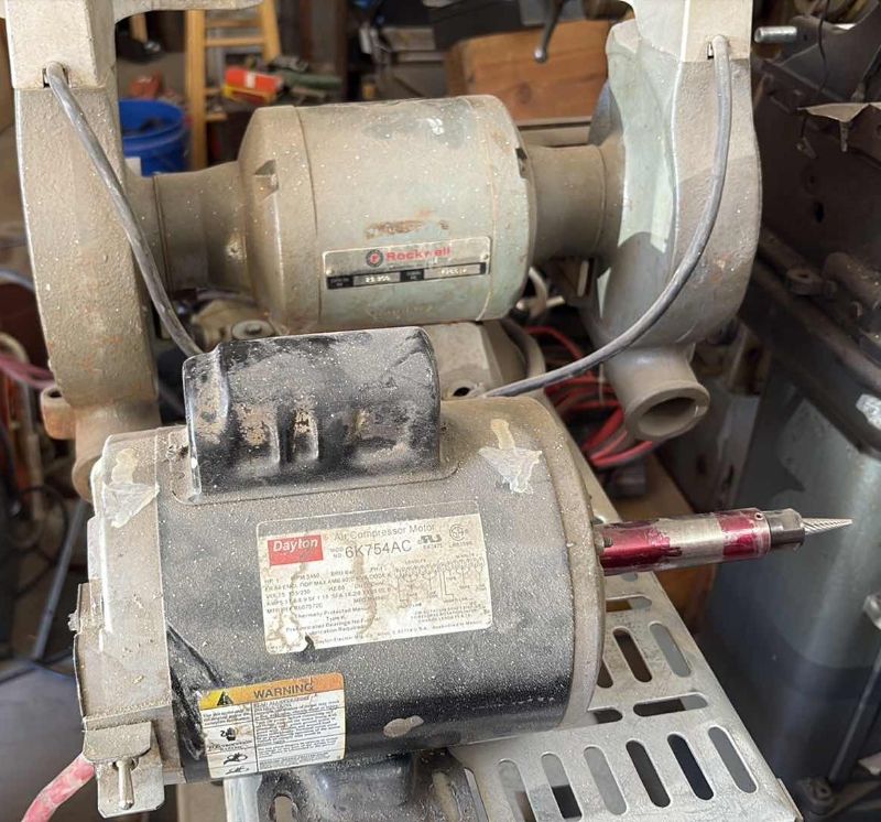 Photo 1 of ROCKWELL 1/2 HP TWO WHEEL GRINDER WITH METAL STAND AND AN AIR COMPRESSOR MOTORIZED 