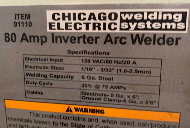 Photo 1 of CHICAGO ELECTRIC 80 AMP INVERTER ARC WELDER 9110
