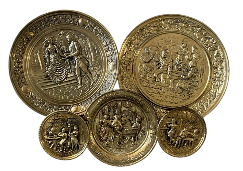 Photo 1 of 5 VINTAGE ENGLISH BEATEN BRASS WALL HANGINGS