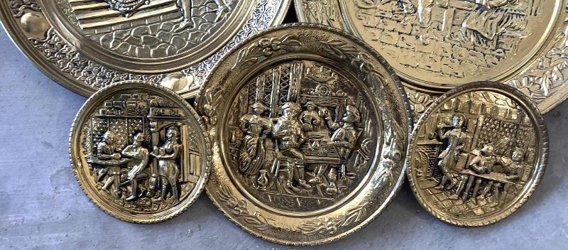 Photo 1 of 5 VINTAGE ENGLISH BEATEN BRASS WALL HANGINGS