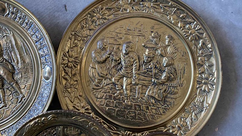 Photo 1 of 5 VINTAGE ENGLISH BEATEN BRASS WALL HANGINGS