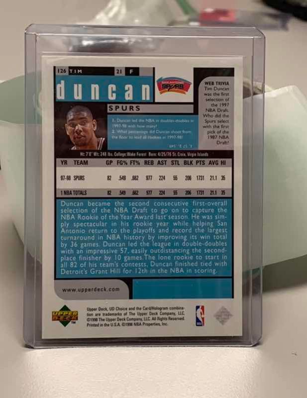 Photo 1 of 1998 TIM DUNCAN UPPER DECK NBA BASKETBALL CARD