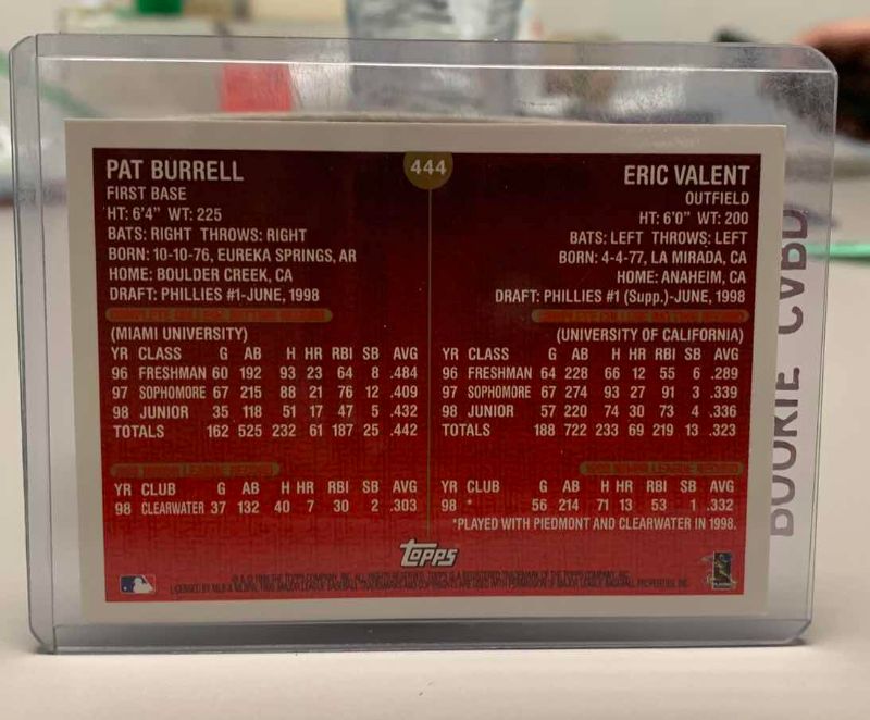 Photo 1 of 1999 PAT BURRELL ERIC VALET TOPPS MLB BASEBALL ROOKIE CARD