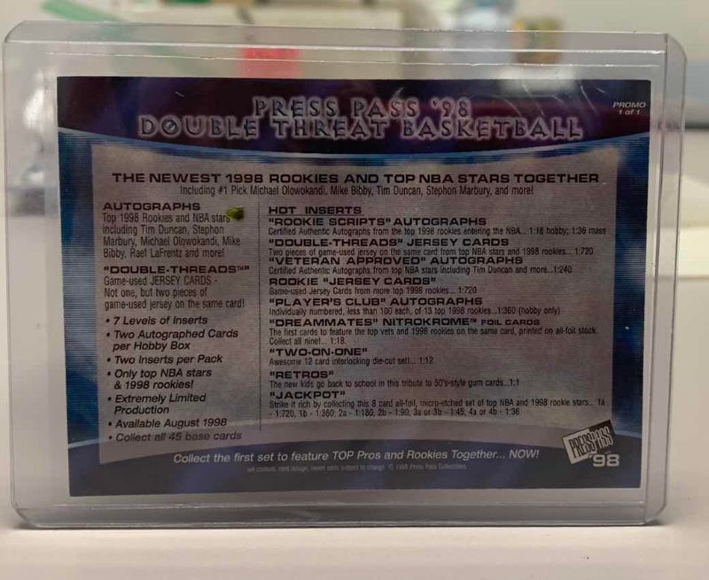 Photo 1 of 1998 TIM DUNCAN AND MIKE BIBBY PRESS PASS NBA BASKETBALL ROOKIE CARD