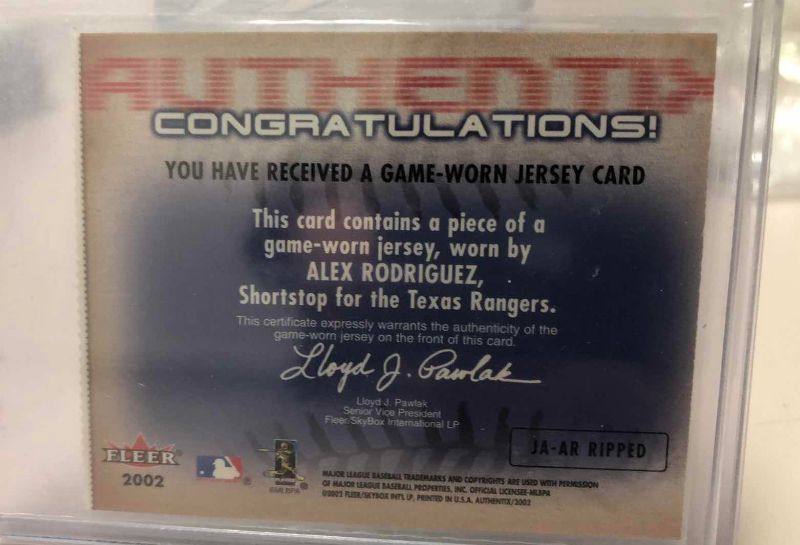 Photo 1 of 2002 FLEER AUTHENTICS ALEX RODRIGUEZ GAME USED JERSEY CARD