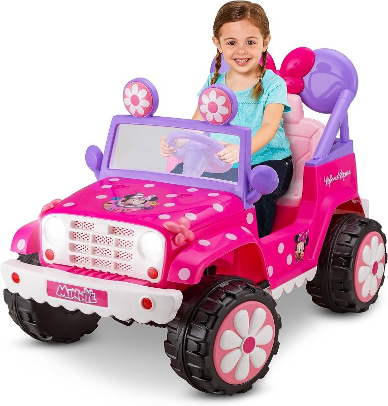 Photo 1 of Kid Trax Disney's Minnie Mouse 6V Ride-On Toy, Flower Power 4x4 Battery Powered Outdoor Toy, Kids Ages 3-5 and Up to 60 lbs,Working Headlights, Sounds, Pink Minnie Mouse Ride On, Toddler, Girls, Boys
