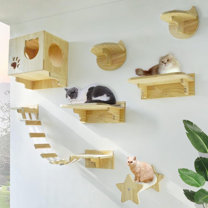 Photo 1 of La La Pet® Wall Mounted Cat Furniture Wooden Cat Shelves and Perches for Wall Cat Steps Ladder Cat Bed Activity Tree Cat Climbing Structure Modern Cat Lounger Climber Set of 9
