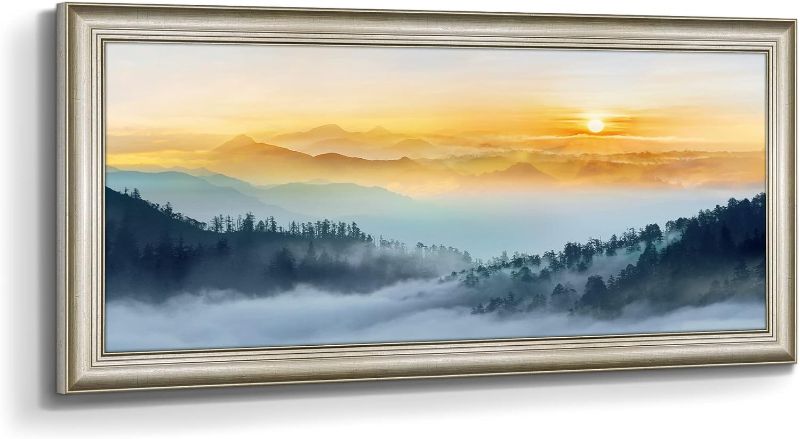 Photo 1 of Framed Forest Wall Art Canvas: Foggy Sunset Landscape Picture Misty Nature Mountain Scenery Painting Print Decor Photography Artwork for Dining Room Bedroom Home 57"X27"
