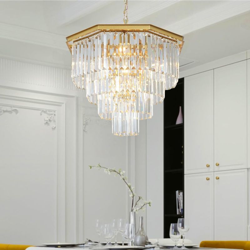 Photo 1 of Gold Crystal Chandeliers 24" Top K9 Crystals Chandelier 4-Tier 9 Lights Adjustable Ceiling Light Fixture Hexagon Pendant Lamp for Dining Room Foyer Living Room Bedroom
