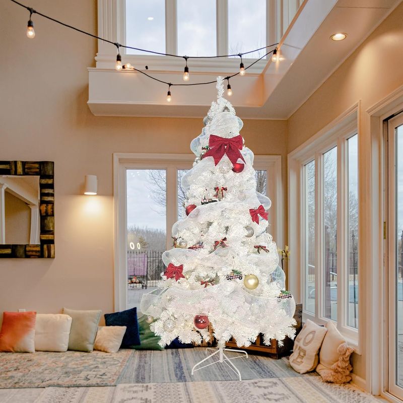 Photo 1 of ptlsy 10ft White Christmas Tree Premium Hinged Artifical Pine Christmas Tree with Soild Metal Stand and Decorations Fit for Indoor Outdoor,2150 Tips (10 feet White)
