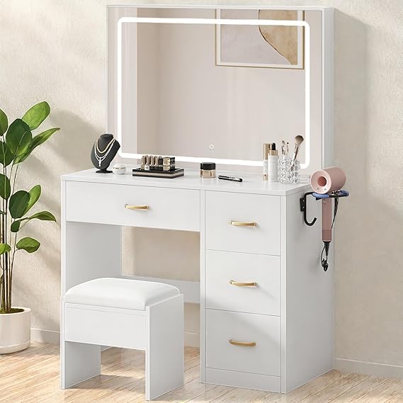 Photo 1 of YITAHOME Vanity with LED Lighted Mirror, Vanity Desk with Mirror and Lights, Makeup Vanity with Power Strip, 4 Drawers, Vanity Chair, Dressing Table with Ample Storage, Bedroom Furniture for Women
