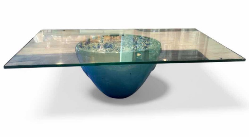 Photo 1 of GLASS TOP COFFEE TABLE, CERAMIC POTTERY BASE WITH COLORED GLASS, HAS REMOTE TO LIGHT UP GLASS 5’ x 30” x H16 1/2”