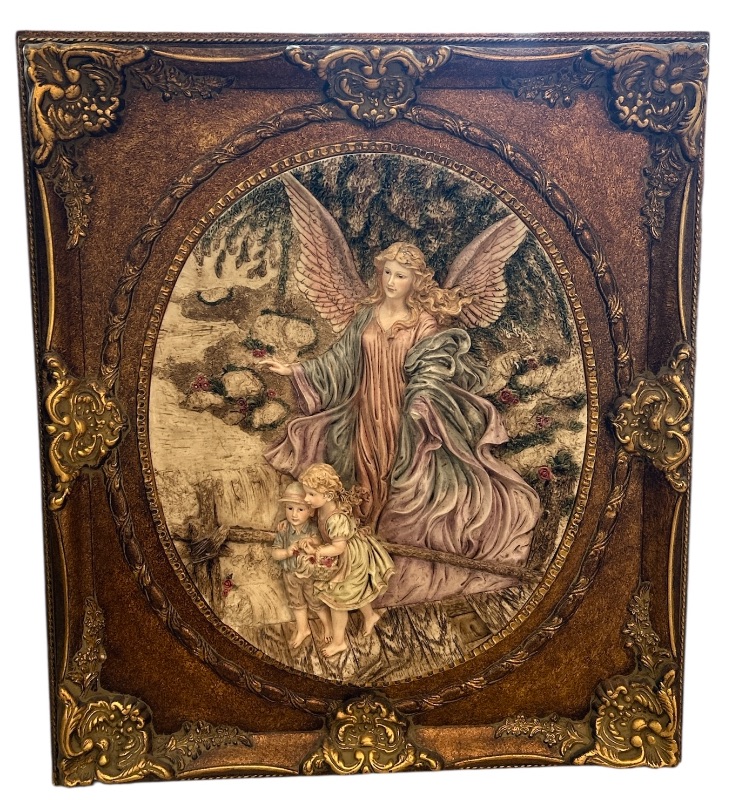 Photo 1 of ANTIQUE ORNATE GOLD GILDED FRAMED GUARDIAN ANGEL 3D STONE SCULPTURE ARTWORK 28” x H32”
