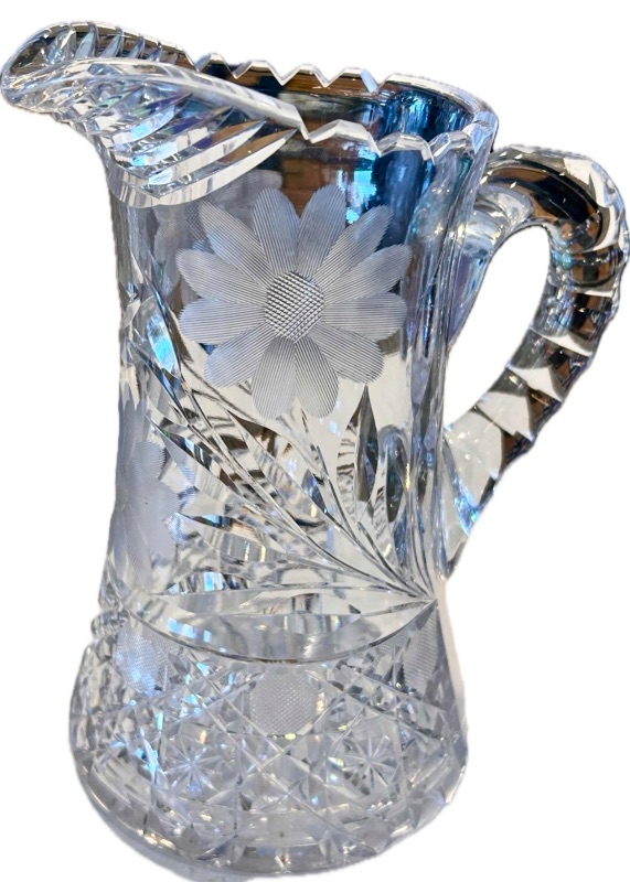 Photo 1 of VINTAGE AMERICAN BRILLIANT CUT GLASS 8.5” PITCHER W/ HANDLE FLOWER DESIGN HEAVY