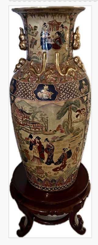 Photo 1 of CHINESE PORCELAIN SATSUMA STYLE FLOOR VASE  W WOOD PEDESTAL STAND H 37" 