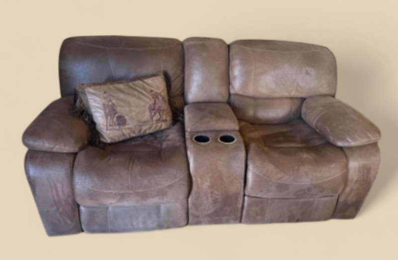 Photo 1 of BROWN SOFT SUEDE RECLINING LOVESEAT W CENTER CONSOLE & CUP HOLDERS 6.5FT