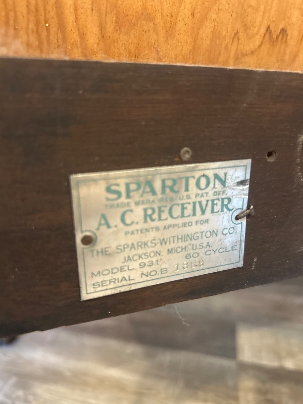 Photo 1 of ANTIQUE SPARTON AC RECEIVER CABINET - EUROPEAN-STYLE WITH DISTRESSED LIGHT GREEN FINISH AND WOOD TOP 25 1/2“ x 13 1/2“ x H35“ SPARKS WITHINGTON CO