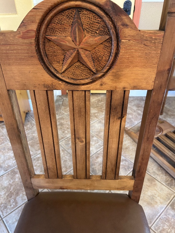 Photo 1 of 2- WESTERN RUSTIC TEXAS STAR WOOD CHAIR W BROWN CUSHION SEAT BY SEGUSINO