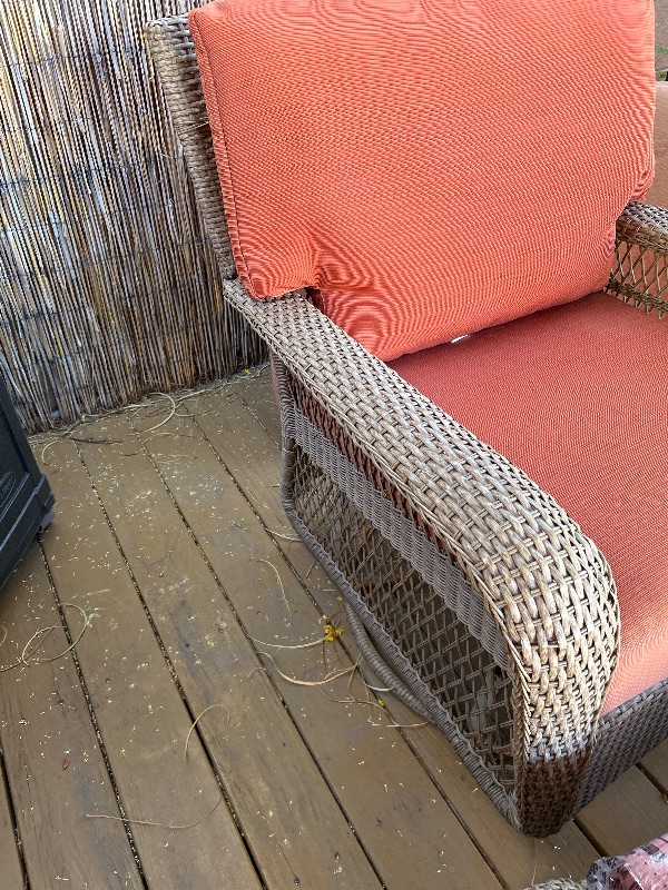 Photo 1 of MARTHA STEWART BROWN WICKER SWIVEL ROCKER CHAIR W OTTOMAN NEW ORANGE CUSHIONS