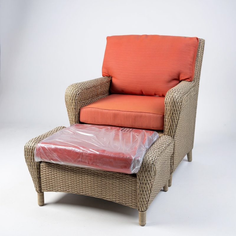 Photo 1 of MARTHA STEWART BROWN WICKER SWIVEL ROCKER CHAIR W OTTOMAN NEW ORANGE CUSHIONS