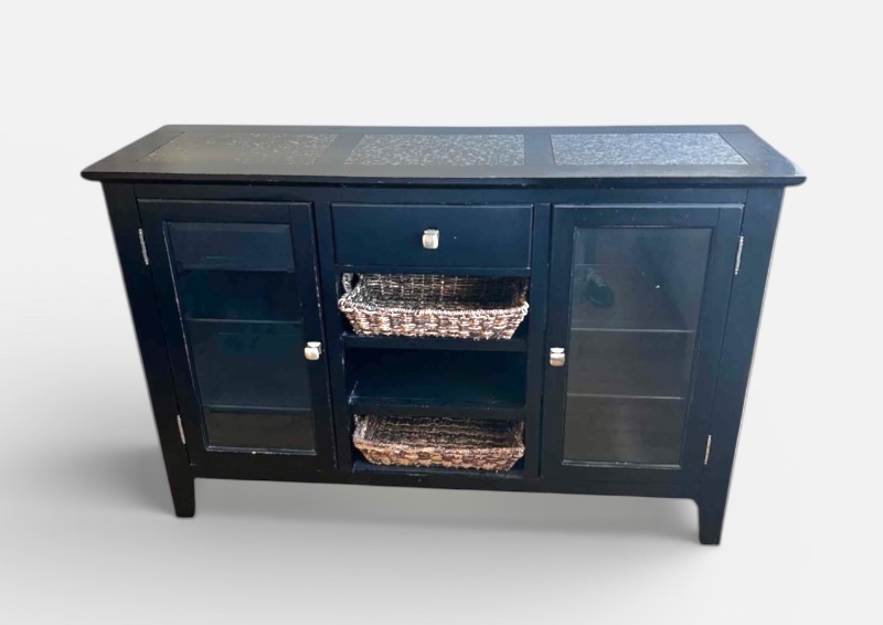 Photo 1 of BLACK FINISH CONSOLE W STONE TOP GLASS DOORS 58"X 17" H 36"