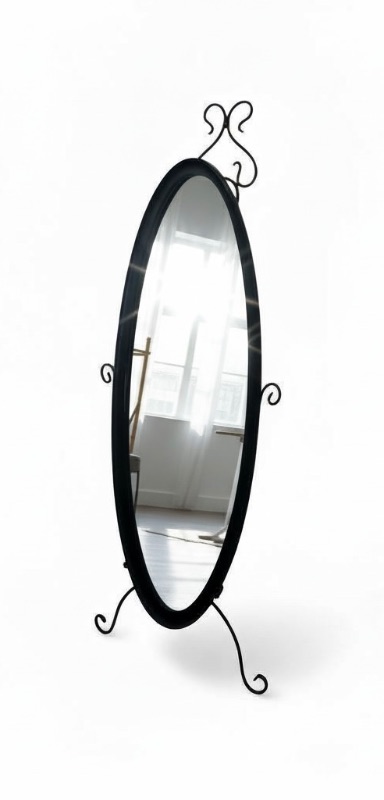 Photo 1 of BLACK OVAL SHAPED CHEVAL FLOOR MIRROR W SCROLL DESIGN STAND 55" X 20"