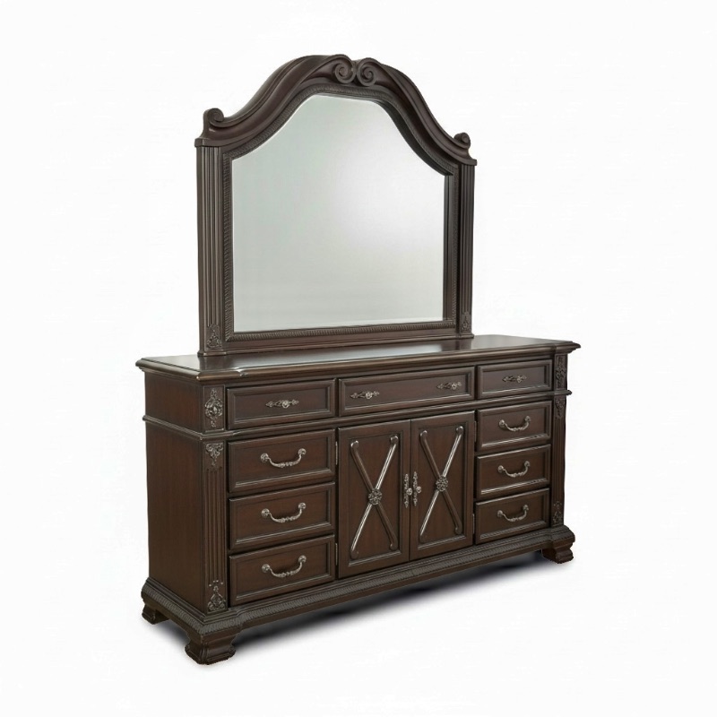 Photo 1 of TRADITIONAL 9 DRAWER DRESSER W CENTER DOORS ARCHED MIRROR IN ANTIQUE EBONY FINISH 72" X 19" H 37"