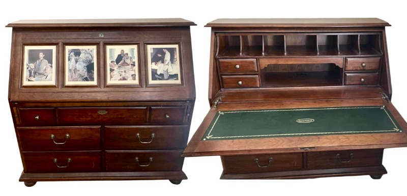 Photo 1 of SOLID CHERRY SECRETARY DESK W NORMAN ROCKWELL " FOUR FREEDOM " PRINTS FROM STANLEY FURNITURE 49" X 31" H 46"