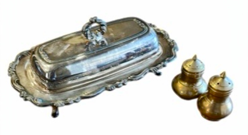Photo 1 of 2 VINTAGE BRASS SALT PEPPER & SILVER PLATED BUTTER DISH