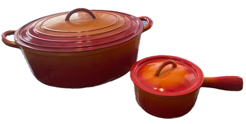 Photo 1 of 2- CAST IRON ORANGE DUTCH OVEN SMALL PAN FROM BELGIUM