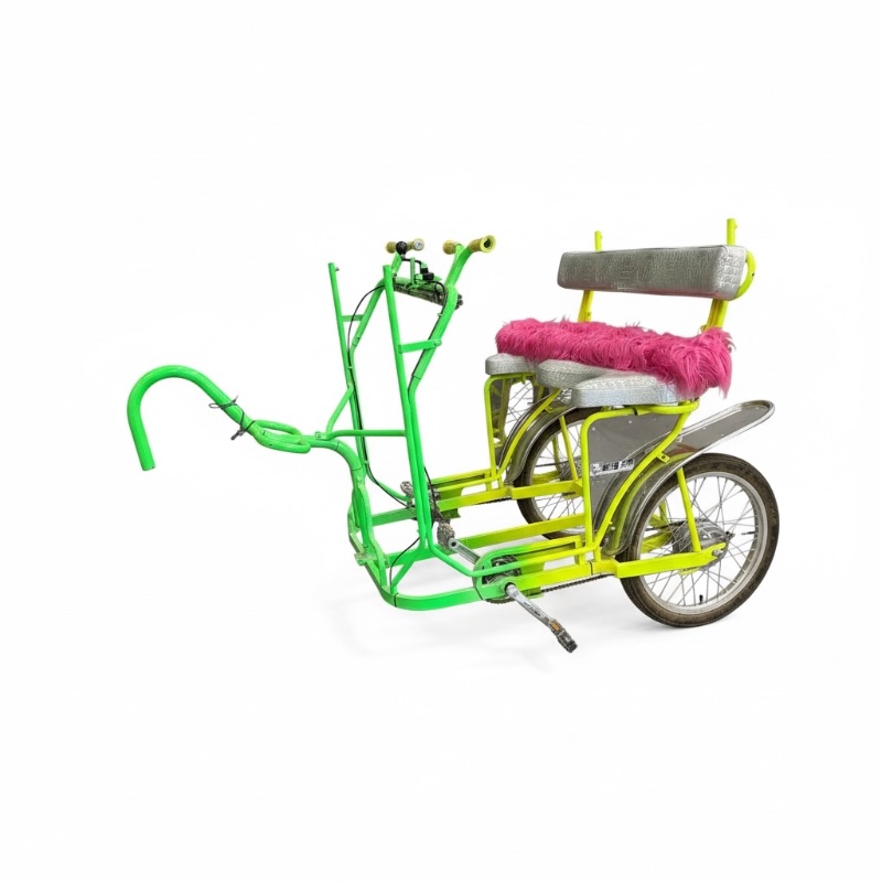 Photo 1 of CUSTOM WHIMSICAL SURREY TRAM 2 WHEEL PEDAL BIKE EXTENSION-FLUORESCENT GREEN/YELLOW W PINK FURRY SEAT-BY THE SURREY COMPANY