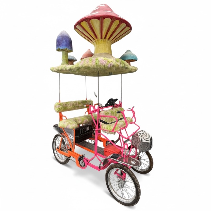 Photo 1 of WHIMSICAL SURREY DELUXE FOUR WHEEL W 3RD BATTERY POWERED WHEEL 2 PEDAL BIKE-PINK/ORANGE W TOAD STOOL COLORFUL TOP-BY THE SURREY COMPANY