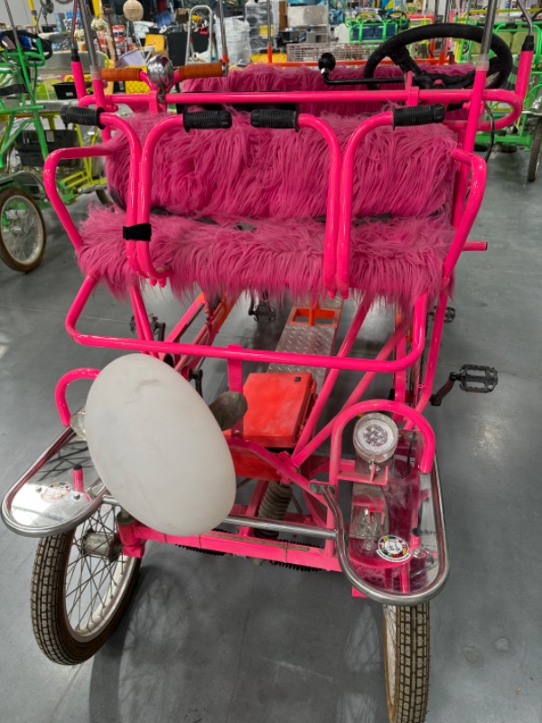 Photo 1 of CUSTOM WHIMSICAL SURREY LIMOUSINE DELUXE 7 SPEED 4 WHEEL 4 PEDALERS DUAL SIDES PEDAL BIKE-BRIGHT PINK/ORAND W WHITE TOAD STOOL TOP-BY THE SURREY COMPANY