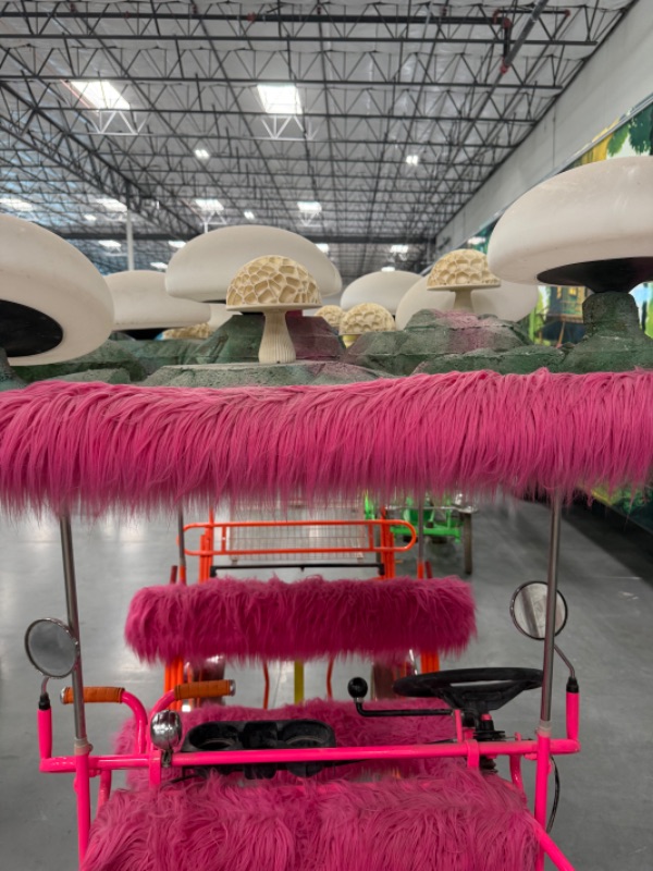 Photo 1 of CUSTOM WHIMSICAL SURREY LIMOUSINE DELUXE 7 SPEED 4 WHEEL 4 PEDALERS DUAL SIDES PEDAL BIKE-BRIGHT PINK/ORAND W WHITE TOAD STOOL TOP-BY THE SURREY COMPANY