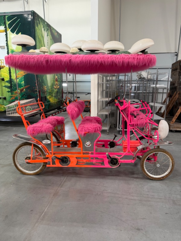 Photo 1 of CUSTOM WHIMSICAL SURREY LIMOUSINE DELUXE 7 SPEED 4 WHEEL 4 PEDALERS DUAL SIDES PEDAL BIKE-BRIGHT PINK/ORAND W WHITE TOAD STOOL TOP-BY THE SURREY COMPANY