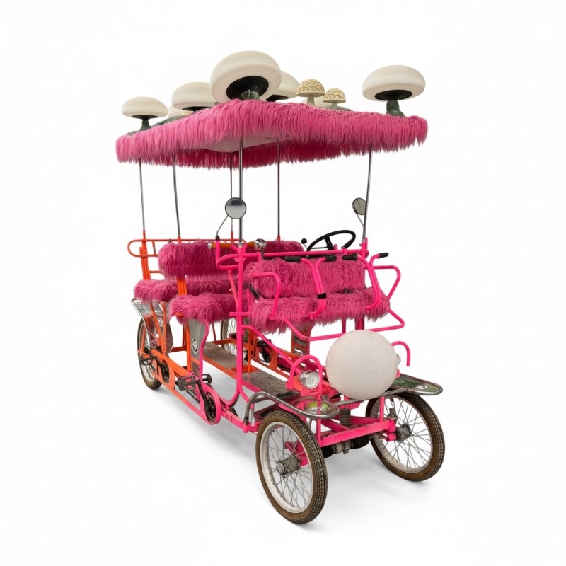 Photo 1 of CUSTOM WHIMSICAL SURREY LIMOUSINE DELUXE 7 SPEED 4 WHEEL 4 PEDALERS DUAL SIDES PEDAL BIKE-BRIGHT PINK/ORAND W WHITE TOAD STOOL TOP-BY THE SURREY COMPANY