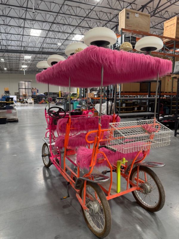 Photo 1 of CUSTOM WHIMSICAL SURREY LIMOUSINE DELUXE 7 SPEED 4 WHEEL 4 PEDALERS DUAL SIDES PEDAL BIKE-BRIGHT PINK/ORAND W WHITE TOAD STOOL TOP-BY THE SURREY COMPANY