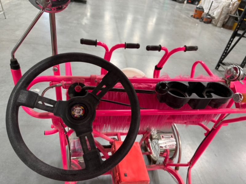 Photo 1 of CUSTOM WHIMSICAL SURREY LIMOUSINE DELUXE 7 SPEED 4 WHEEL 4 PEDALERS DUAL SIDES PEDAL BIKE-BRIGHT PINK/ORAND W WHITE TOAD STOOL TOP-BY THE SURREY COMPANY