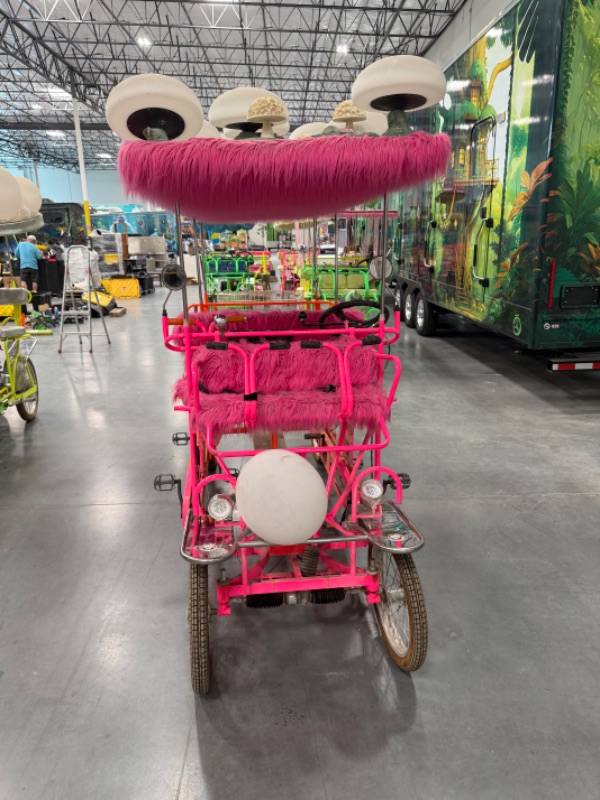 Photo 1 of CUSTOM WHIMSICAL SURREY LIMOUSINE DELUXE 7 SPEED 4 WHEEL 4 PEDALERS DUAL SIDES PEDAL BIKE-BRIGHT PINK/ORAND W WHITE TOAD STOOL TOP-BY THE SURREY COMPANY
