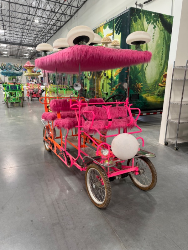 Photo 1 of CUSTOM WHIMSICAL SURREY LIMOUSINE DELUXE 7 SPEED 4 WHEEL 4 PEDALERS DUAL SIDES PEDAL BIKE-BRIGHT PINK/ORAND W WHITE TOAD STOOL TOP-BY THE SURREY COMPANY