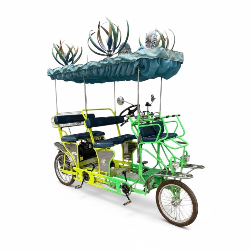 Photo 1 of CUSTOM WHIMSICAL SURREY LIMOUSINE DELUXE 7 SPEED 4 WHEEL 4 PEDALERS DUAL SIDES PEDAL W 3RD WHEEL BATTERY POWERED BIKE-BRIGHT GREEN/YELLOW W BLUE WINDMILL SPIN TOPS-BY THE SURREY COMPANY