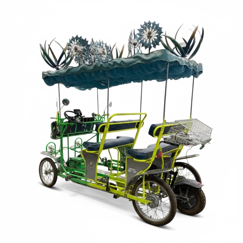 Photo 1 of CUSTOM WHIMSICAL SURREY LIMOUSINE DELUXE 7 SPEED 4 WHEEL 4 PEDALERS DUAL SIDES PEDAL W 3RD WHEEL BATTERY POWERED BIKE-BRIGHT GREEN/YELLOW W BLUE WINDMILL SPIN TOPS-BY THE SURREY COMPANY