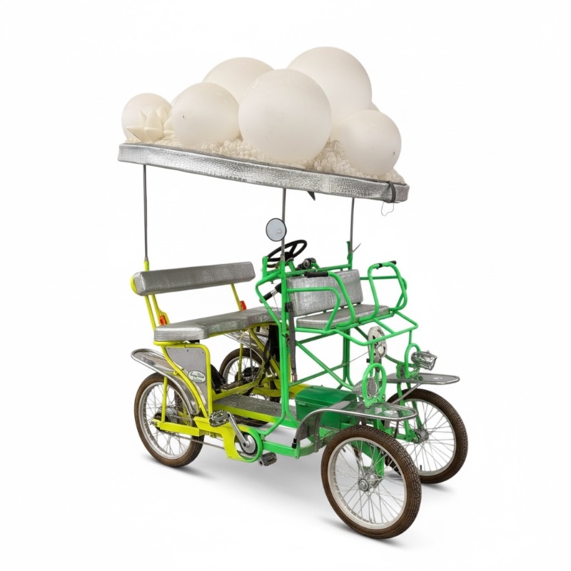 Photo 1 of WHIMSICAL SURREY DELUXE 4 WHEEL PEDAL W 3RD WHEEL BATTERY POWERED BIKE-BRIGHT GREEN/YELLOW W WHITE BALLS ON TOP- BY THE SURREY COMPANY