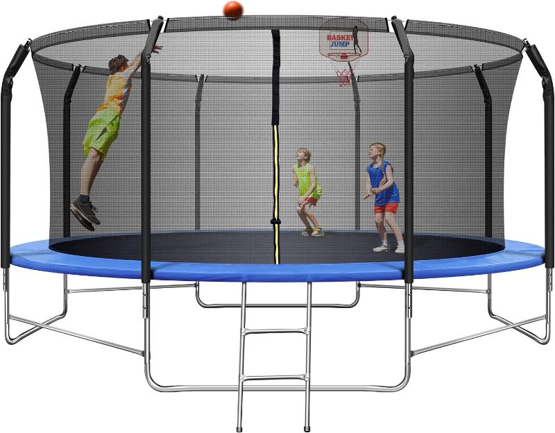Photo 1 of 14FT Trampoline with Balance Bar & Basketball Hoop, 1.4MM Thickened Recreational Trampoline for Adults & Kids, ASTM Approved Reinforced Type Outdoor Trampoline with Enclosure Net