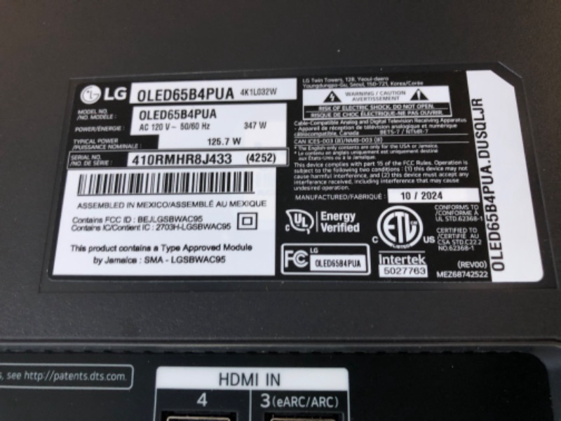 Photo 1 of ** ONLY PARTS BROKEN ** LG 65-Inch Class OLED B4 Series Smart TV 4K Processor Flat Screen with Magic Remote AI-Powered with Alexa Built-in (OLED65B4PUA, 2024)