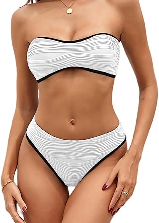 Photo 1 of *similarZAFUL Bikini Sets for Women Textured Strapless Color Block Bandeau Swimsuits 2 Pieces Cheeky High Cut Bathing Suits
