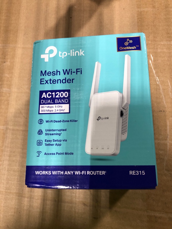 Photo 1 of TP-Link AC1200 WiFi Extender, 2025 Wirecutter Best WiFi Extender, 1.2Gbps home signal booster, Dual Band 5GHz/2.4GHz, Up to 1600 Sq.ft and 32 Devices, EasyMesh Compatible, One Ethernet Port (RE315)