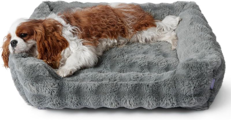 Photo 1 of  Fluffy Dog Beds for Medium Dogs - Rectangle Orthopedic Calming Pet Sofa,Plush Bubble Bolster Pet Bed with Removable Washable Cover and Nonskid Bottom,30x24x8inches,Grey