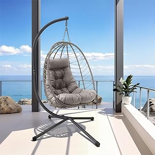 Photo 1 of  ****MISSING PARKS *******    GarveeLife Oversize Wicker Egg Chair with Ottoman, Egg Shaped Lounge Chair with Thick Cushion, Comfy Egg Rattan Seat for Indoor Outdoor Patio Porch Backyard, Grey